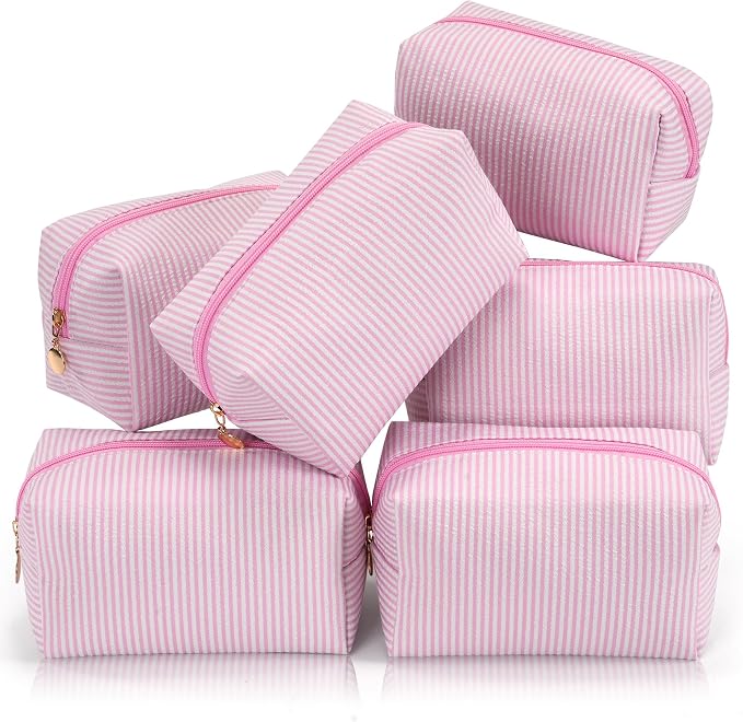 Makeup Bag Set for Women, 6PCS Travel Cosmetic Bags, Striped Seersucker Toiletry Organizer Pouches, Cute Makeup Pouch for Purse, Accessories and Gifts, Pink by Unknown