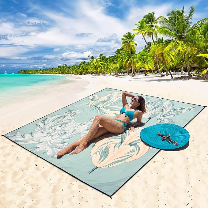 HIHOHO Beach Blanket Waterproof Sandproof Mat, Green Flower, 79"×83" | Quick Drying, Durable, For 1-8 Adults, Outdoor Picnic Beach Festival Travel Camping Hiking - Image 2