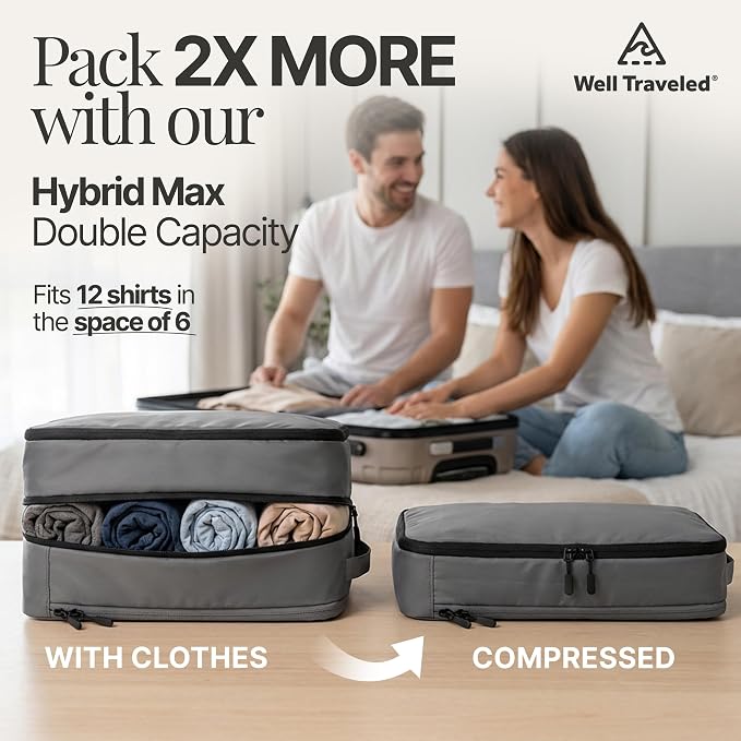 Well Traveled 8 pcs Compression Packing Bags Cubes Set with HybridMax Double-Capacity Design - Packing Cubes for Travel Compression to Maximize Limited Luggage Space, Grey - Image 2