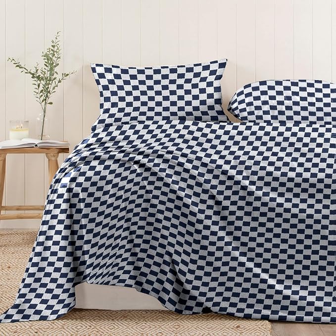 Pizuna Pure 100% Cotton Flat Sheets Only Queen Navy Smart Plaid (1 PC), Luxurious 400 Thread Count Long Staple Cotton Sateen with 4" Hem (Combed Queen Flat Sheet Only Cotton) by Pizuna