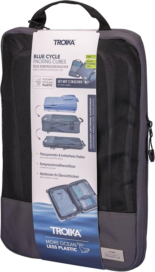 TROIKA Travel Compression Bags Set Blue Cycle Packing Cubes - 3 Zip Bags for Space-Saving Packing Clothes in Suitcase & Backpack - Recycled Sea Plastic - Dark Grey - Image 8