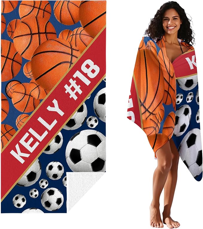 Personalized Beach Towel With Name, Custom Beach Towel with Text, Customized Basketball Football Microfiber Pool Towel, Quick Dry & Absorbent Swim Towel for Adult,Anniversary, Birthday, Summer Holiday - Image 2