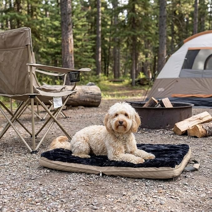 4 Cats & Dogs Gus Travel Bed – Portable Foldable Dog Bed & Pet Cushion Mat with Soft Faux Fur, Water-Resistant Nylon, Zippered Suitcase Design for Camping & Travel- Small (24″ x 31.5″), Sandy - Image 7