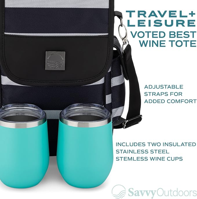Savvy Outdoors Insulated Wine Tote Bag with Stemless Glasses & Exterior Pouch - Foldable Wine Carrier & Portable Cooler - Image 2