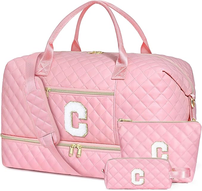 Graduation Birthday Gift for Her, Personalized Initial Weekender Bag for Women 45L Travel Duffle Carry On Quilted, 3PCS Overnight with Cosmetic & Toiletry Bag, Shoe Compartment, Gym Dance Bag for Girl by ITIEZY