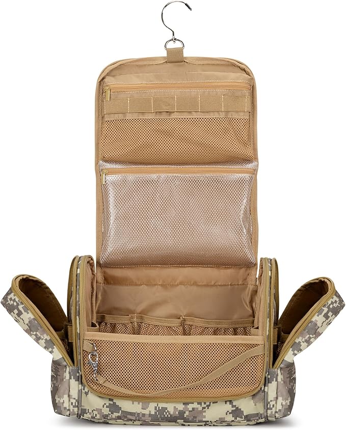 Tactical Toiletry Travel Bag for Men, Hanging Dopp Kit Hygiene Bag Shower Organizer with Hook for Toiletries and Shaving Care, Desert Yellow (Empty Bag) by Prokva