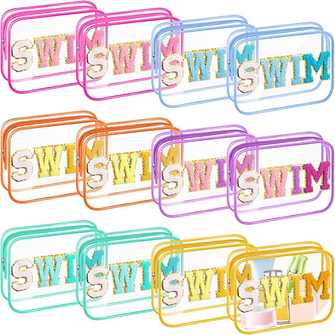 Kacctyen 12 Pcs Clear Swim Bags Chenille Letter Patch Makeup Pouch Beach Pool Toiletry Bags Waterproof PVC Preppy Cosmetic Purse Organizer with Zipper for Travel Women Girl Swimmer Essential Team Gift by Kacctyen