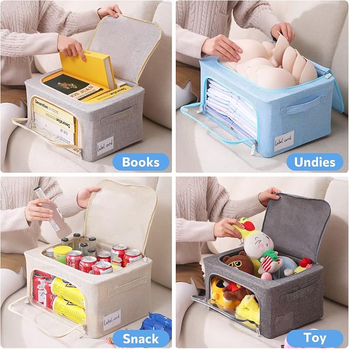 CYhom Clothes Storage Bins Box - Linen Fabric Foldable Stackable Container Organizer Set with Clear Window & Carry Handles & Metal Frame - 2Pack Large Capacity for Bedding, Blankets, Books - Image 6
