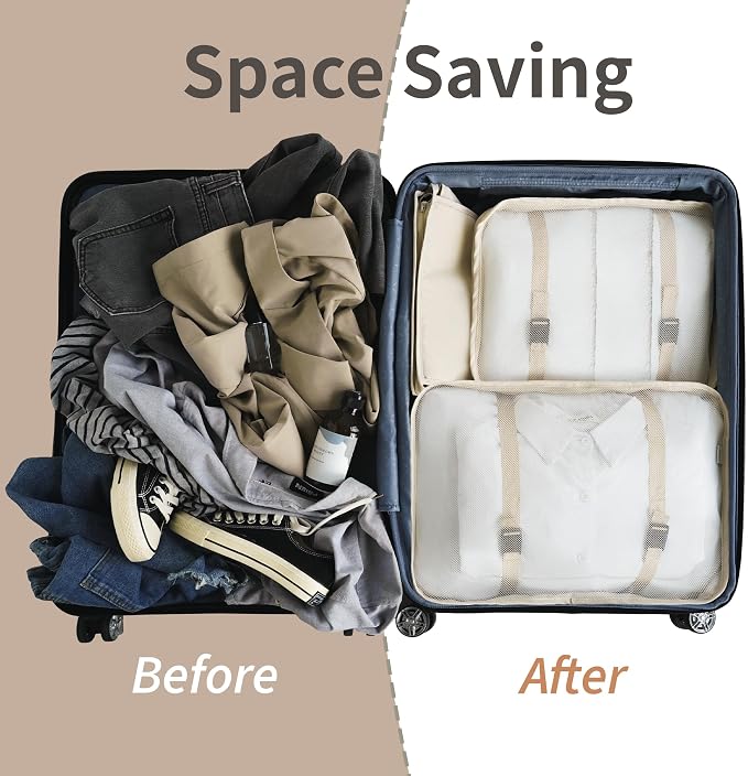 8 Pcs Travel Organizer Pouch Packing Cubes for Travel Clothes Space Savers Bags Cosmetics/Underwear/Socks/Shoes Toiletry Organiser Pouch (Beige) - Image 6