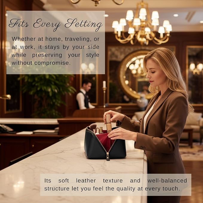 VENOULT Makeup Bag, Spacious Cosmetic Case for Women, Portable 180° Wide-Open Flat Cosmetic Bag, Travel Toiletry Organizer with Handle, Hanmdade, Full Grain Genuine Turkish Leather (Gravel Black) - Image 8