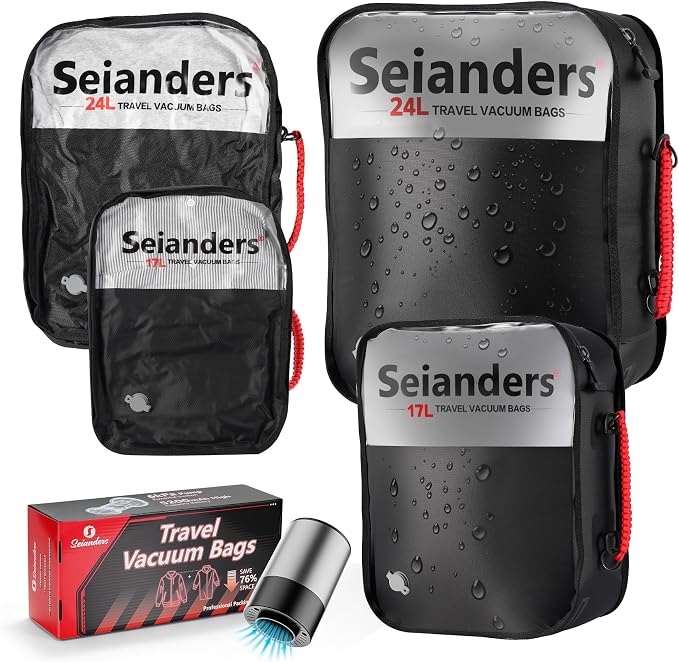 Vacuum Travel Bags with Pump for Car Camping & Backpacking - 6.0kPa Wireless Pump, Odor/Waterproof Anti-Rip Nylon Organizer & Space Saver (24L*1, 17L*1, 2-Pack) by Seianders
