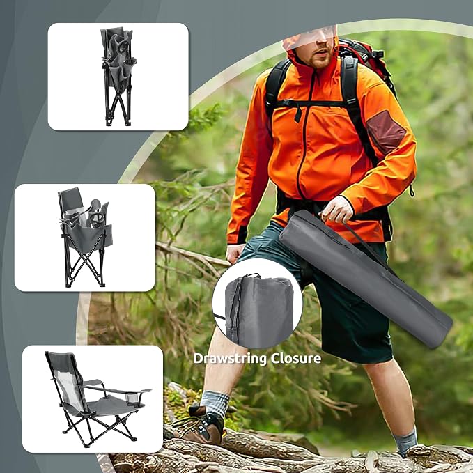 HaSteeL Folding Beach Chair Set of 2, Foldable Grey Camping Chairs for Outside, Low Beach Chair Portable for Adults Fishing, Picnic, Outdoor BBQ, Travel, Sports, Cup Holder & Storage Bag - Image 6