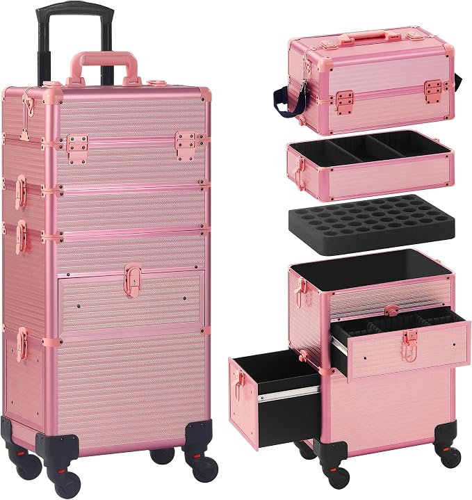 Somduy Rolling Makeup Case with Drawer, Makeup Train Case, 4 in 1Cosmetology Case on Wheels, Christmas Gift, Large Makeup Case Organizers, Profesional Cosmetic Case for Salon Barber, Light pink by Somduy