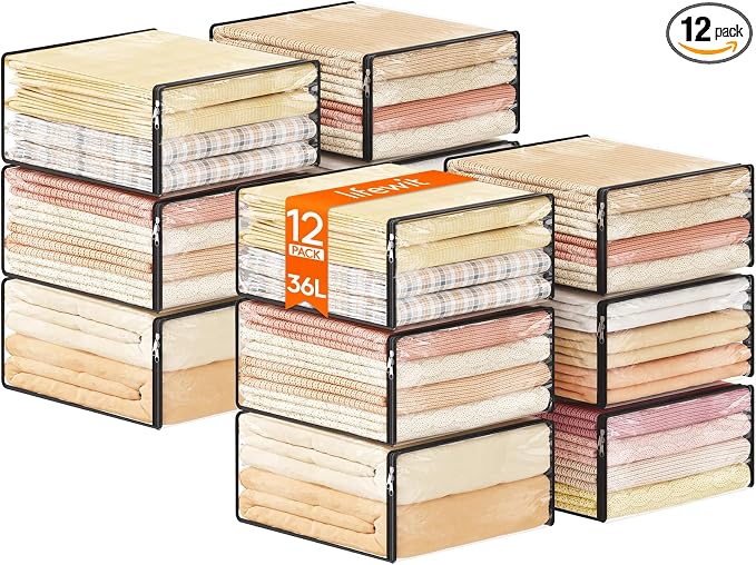 Lifewit 36L Clear Sheet Storage Bags with Zipper 12 Pack, Plastic Sweater Storage Bins for Clothing, Vinyl Foldable Clothes Containers Organizers for Closet, Blankets, Bedding 17.7 x 15.7 x 7.9 Inch by Lifewit