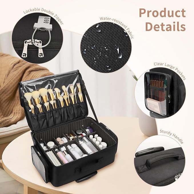 Large Rolling Makeup Case，Professional Makeup Artist Bag with 4 Small Bag Makeup Case, Adjustable Dividers, Portable Travel Supply Station for Cosmetics Storage Organizer Trolley Suitcase Makeup Cart - Image 4