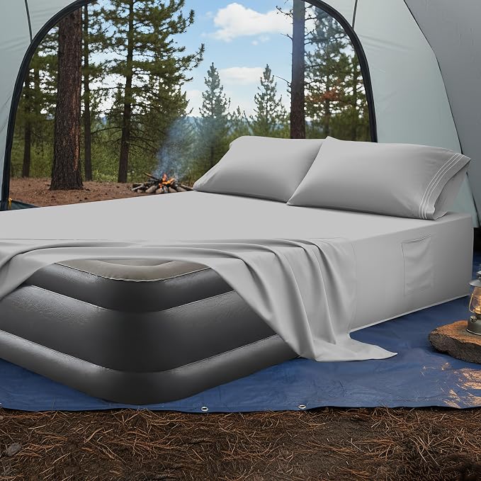 Mocassi 4-Piece Extra Deep Pocket 16-24 Inch Air Mattress Bed Sheet Set- 4PC Sheet Set with Smart Pockets Ideal for Air Beds, RVs, Camping and Guest Rooms Premium Hotel Quality, Cal King, Silver Grey - Image 4