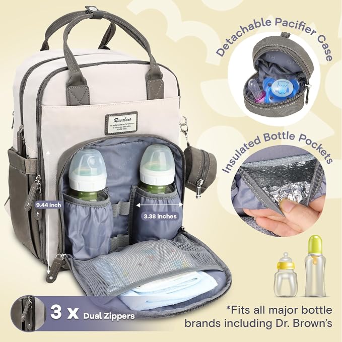 RUVALINO Diaper Bag Backpack-Multifunction Baby Travel Bag with Changing pad, Insulated Bottle Holders & Pacifier Case, Large Capacity, Waterproof, Cream & Taupe - Image 4