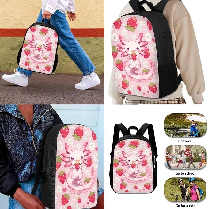 Axolotl Backpack with Lunch Box for Girls 6-8/5-7 Strawberry Bookbag Set 4 in 1 Elementary School Back Pack Lunch Bag Pencil Case Water Bottle Holder Kids Preschool/Kindergarten Book Bags - Image 3