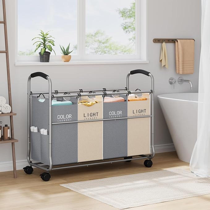 Tajsoon Laundry Sorter 4 Sections with Removable Bags, Beige & Grey | Laundry Separator Hamper with Heavy Duty Lockable Rolling Wheels, Laundry Divider for Dirty Clothes Storage - Image 6