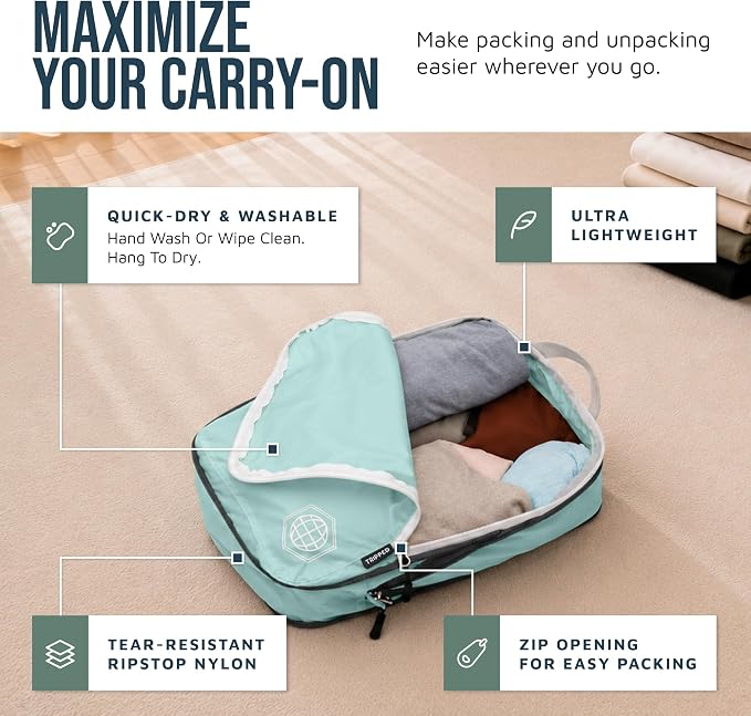 Compression Packing Cubes for Travel, 6-Piece Lightweight Packing Cubes Set for Carry-On Luggage & Backpacks – TRIPPED Travel Gear (Dusty Teal/White) - Image 3