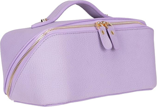 VENOULT Makeup Bag, Spacious Cosmetic Case for Women, Portable 180° Wide-Open Flat Cosmetic Bag, Travel Toiletry Organizer with Handle, Hanmdade, Full Grain Genuine Turkish Leather (Mauve) by VENOULT