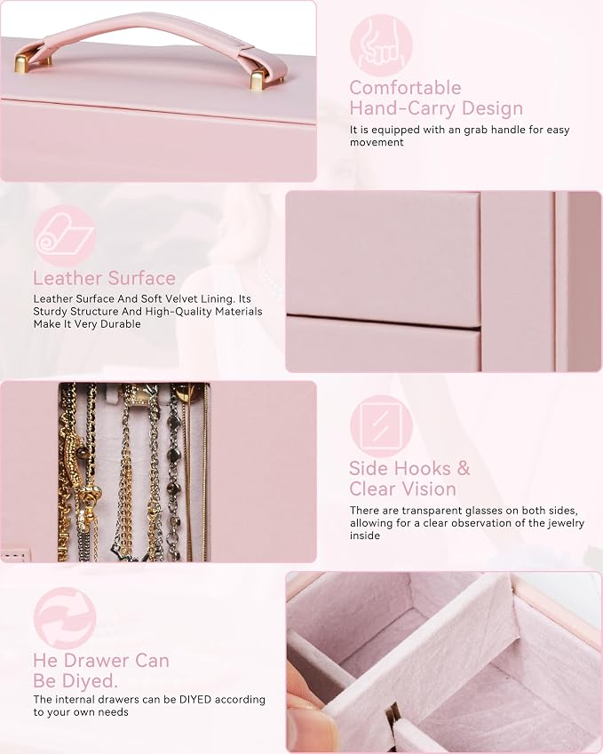 AKOZLIN 6-Tier Jewelry Box Organizer Functional 5 Drawers Leather Jewelry Storage Case for Women Girls Ring Necklace Earring Bracelet Holder Organizer with Mirror XL Pink 360° Rotating - Image 7