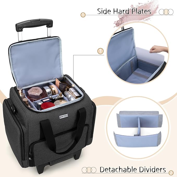 BAFASO Rolling Makeup Case with 3 Removable Pouches and 1 Makeup Brush Bag, Professional Makeup Train Case Cosmetic Bag with Detachable Dolly (Patented), Black | with1 Makeup Brush Bag, Professional Makeup Train Case Cosmetic Bag with Detachable Dolly,... - Image 2
