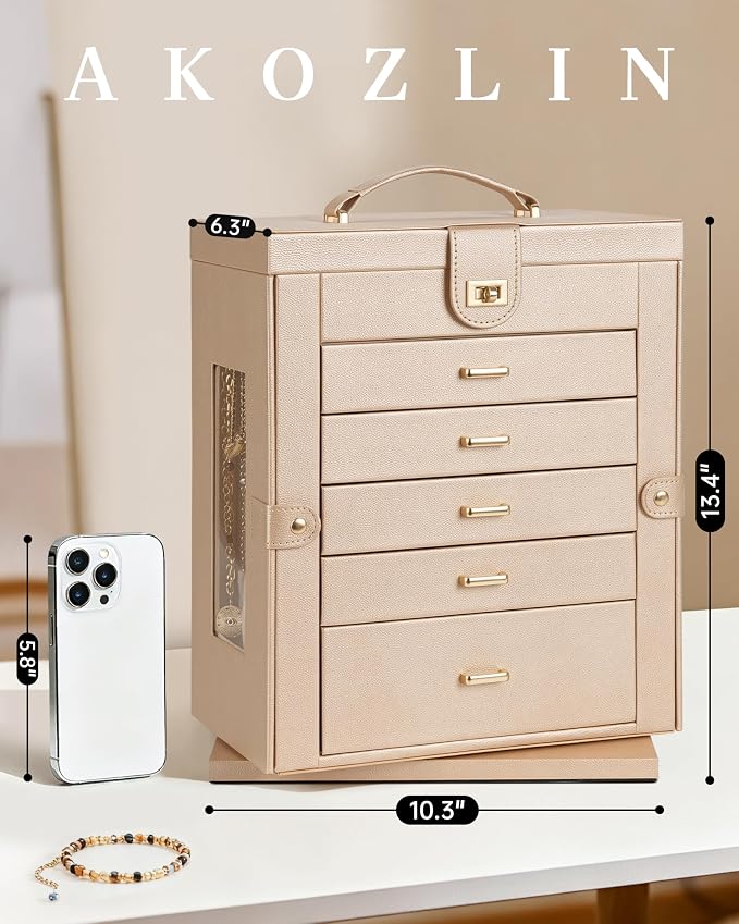 AKOZLIN 6-Tier Jewelry Box Organizer Functional 5 Drawers Leather Jewelry Storage Case for Women Girls Ring Necklace Earring Bracelet Holder Organizer with Mirror XL Champagne 360° Rotating - Image 7