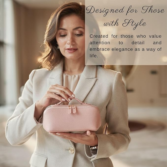 VENOULT Makeup Bag, Spacious Cosmetic Case for Women, Portable 180° Wide-Open Flat Cosmetic Bag, Travel Toiletry Organizer with Handle, Hanmdade, Full Grain Genuine Turkish Leather (Rose) - Image 6