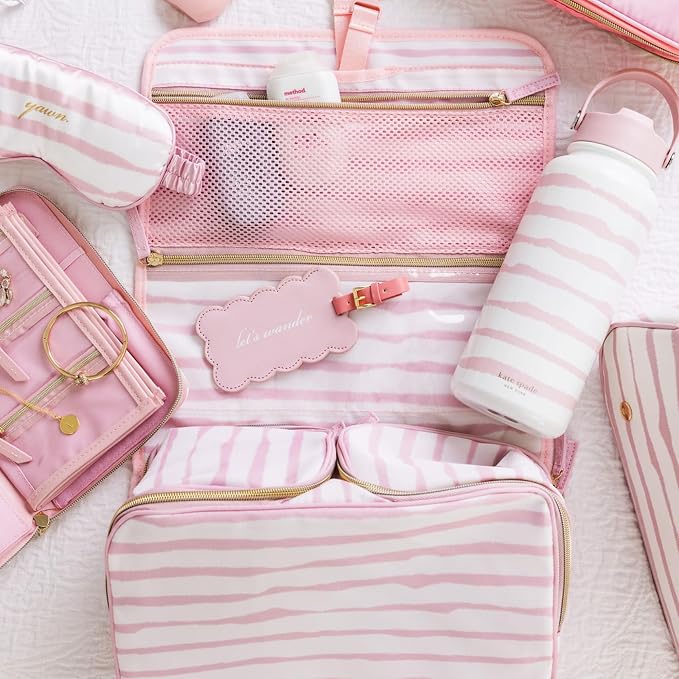 kate spade new york Hanging Toiletry Bag, Goddess Stripe | 8.5" x 12.75" x 6" Travel Organizer with Gold Hook, 2 Large Bottle Compartments, Mesh & Clear Pockets, Nylon & Mesh - Image 6