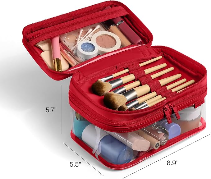 Away Clear Cosmetic Case - Water-Repellent Transparent Cosmetic Bag with 2 Compartments, Brush Holder, Interior Zip Pocket - Cherry Red - Image 5