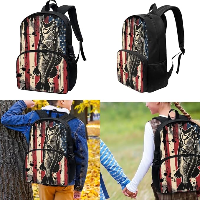 American Flag Fish Backpack for Boys Girls Primary Middle School Bookbag Set with Lunch Box Pencil Case Kindergarten Kids Schoolbags Rucksack Daypack 3 In 1 Set - Image 2