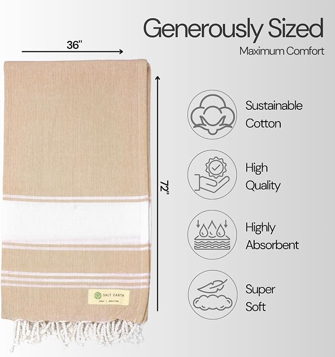 Salt Earth Cotton Turkish Beach Towel (Set of 4, 36"x72") - Soft, Quick Dry, Sand Resistant, Absorbent Towels for Bathroom, Home, Travel, Pool, Spa, Bath, Swim - Beach Towels Oversized (Beige) - Image 6