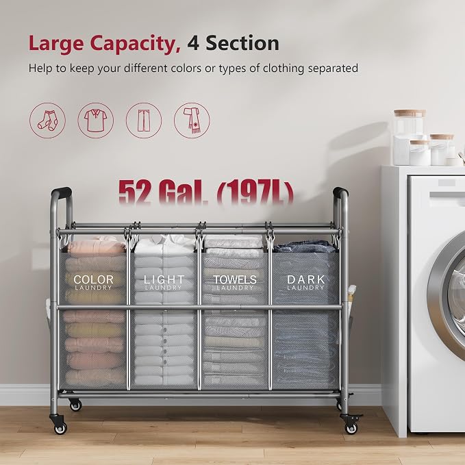 Tajsoon 4 Bag Laundry Sorter Cart, 4 Section Laundry Hamper Sorter with Heavy Duty Lockable Rolling Wheels, Laundry Separator Hamper with Removable Bags for Dirty Clothes Storage, Grey & White - Image 3