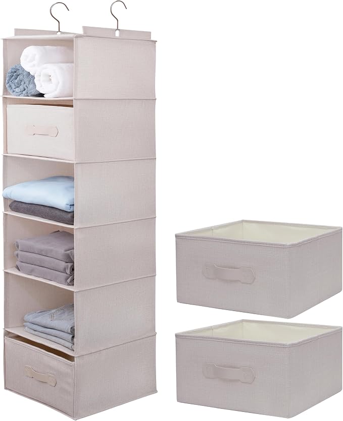 Large Hanging Sweater Organizer for Closet,Collapsible 6-Shelf Hanging Closet Shelves with Drawers, Washable (Beige -6 Shelf-2 d) by Unknown