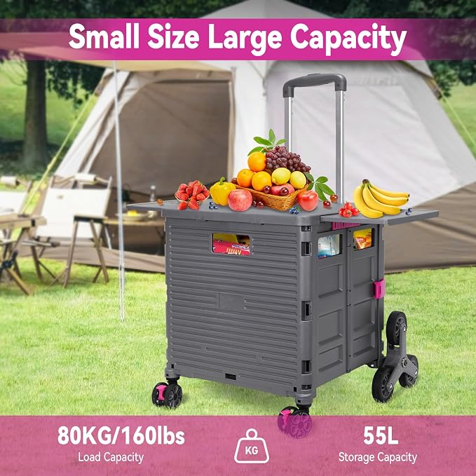 Foldable Utility Cart Portable Crate Rolling Dolly with Telescopic Handle,Can be Pulled diagonally, Magnetic Retractable Lid, 360°Swivel Climbing Wheels for Shopping Carrying Groceries Move Grey - Image 6
