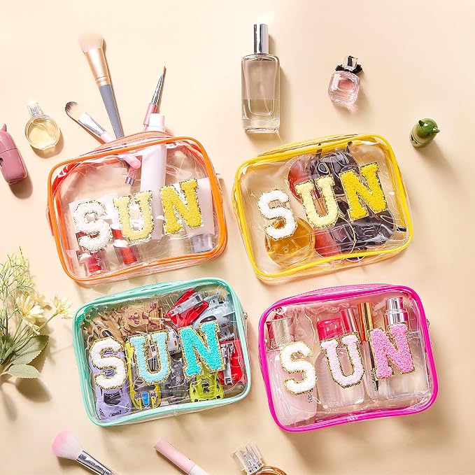 Kacctyen 12 Pcs Sun Clear Makeup Bags Bulk Sunscreen Pouch for Beach Pool Waterproof Toiletry Cosmetic Zipper Organizer with Preppy Chenille Letter Patch Women Girls Summer Vacation Gifts Essentials - Image 2