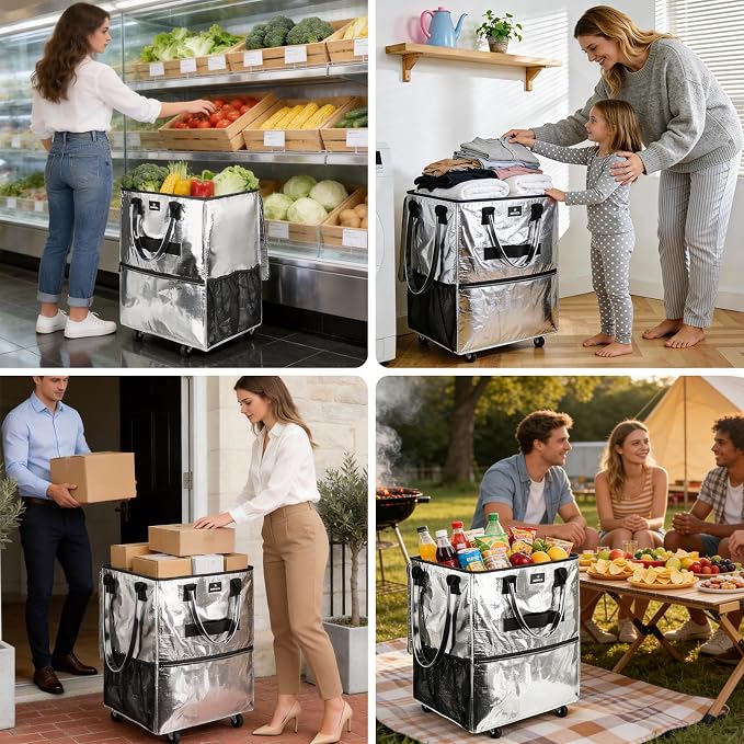 Reusable Grocery Bag On Wheels, 70L Foldable Rolling Tote, Heavy Duty Shopping Cart, 6 Pockets, Zippered Top, 3-Way Carry, Collapsible Portable Trolley for Camping Moving, Medium Silver - Image 6