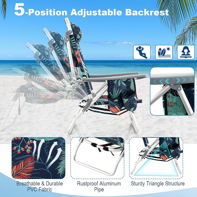 Giantex Folding Beach Chair, Patio Sling Chairs with 5 Adjustable Position, Head Pillow, Storage Bag, Towel Bar, Cup Holders, Backpack Chairs for Sunbathing, Camping Chair - Image 7