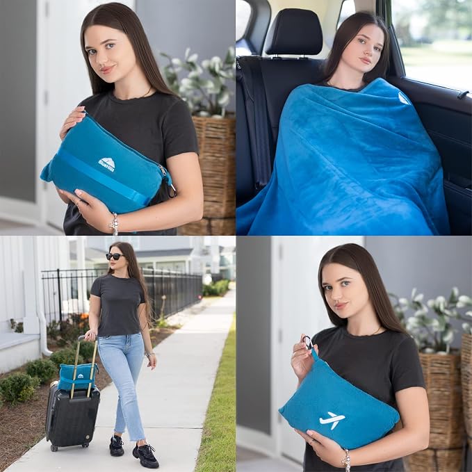 BlueHills Premium Soft Plush Mini Travel Blanket Pillow Airplane Teal Blue | Compact Pack with Luggage Belt & Backpack Clip, Car Use 2 in 1 Blanket, Foldable Case, Travel Essentials, Small Flight Throw - Image 3