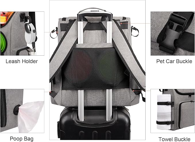 Modoker Multi-Compartment Dog Travel Backpack for Pet Supplies, Grey | Dog Travel Accessories Organizer with 2 Food Bags, 2 Bowls, Quick-Access Pockets, Tissue Opening, Luggage Sleeve, Feeding Mat - Image 5