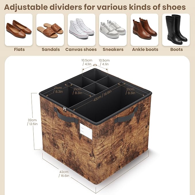 Varhomax Shoe Organizer Box for Closet, Fabric Shoe Storage Bin with Adjustable Dividers & Clear Cover, Holds up 16-32 Pairs of Sneakers & Sandals for Entryway, Cubby (Rust Brown) - Image 3