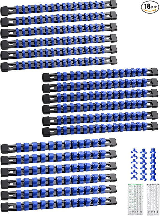 ALOANES 18PC Socket Organizer, Socket Rails Fit 1/2", 1/4" and 3/8" Drive | Heavy Duty ABS Socket Holders Hold up 258 Sockets for Toolbox Drawer Bags(Blue) by Aloanes