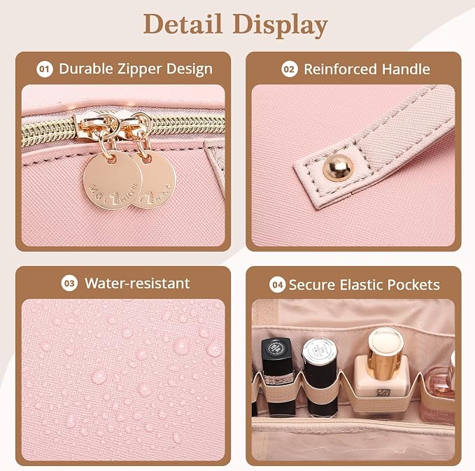Travel Makeup Bag for Women: 3-in-1 Large Capacity Cosmetics Organizer with 2 Detachable Pouch - Vegan Leather Flat Open Toiletry Bag - Portable Travel Essentials for Full-Sized Bottles(Pink) - Image 4
