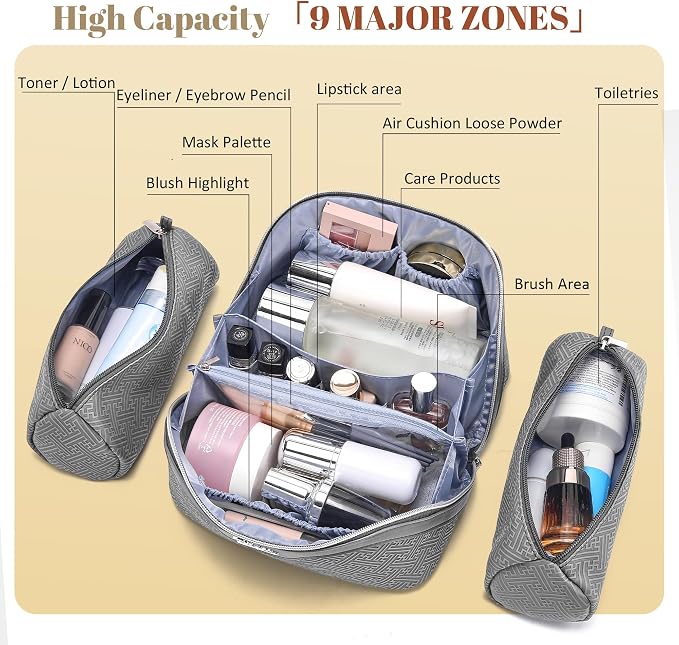 BOYATU Travel Makeup Bags for Women: Vintage Roman Column Texture | Each Journey, Quiet Luxury Serenity - 3 Pcs Set Large Capacity Cosmetic Bag Organizer Toiletry Purse(Grey) - Image 5