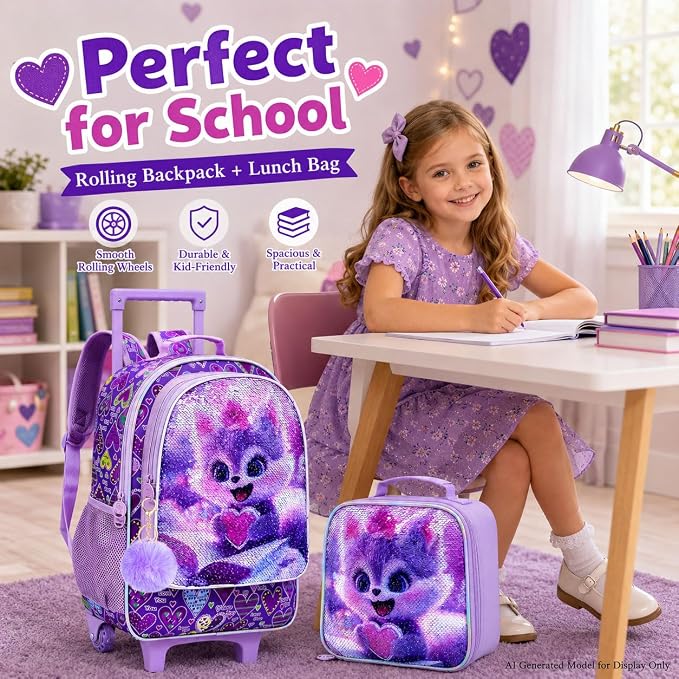 AGSDON 3PCS Rolling Backpack for Girls Boys, Kids Roller Wheels Bookbag, Wheeled School Bag with Lunch Bag - Image 9