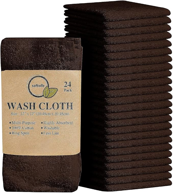 100% Cotton Washcloths 24 Pack (12x12 Inches) Soft, Highly Absorbent Washcloth, Face Towels, Wash Cloths for Face, Ring Spun, Bulk Pack (Brown) by Softolle