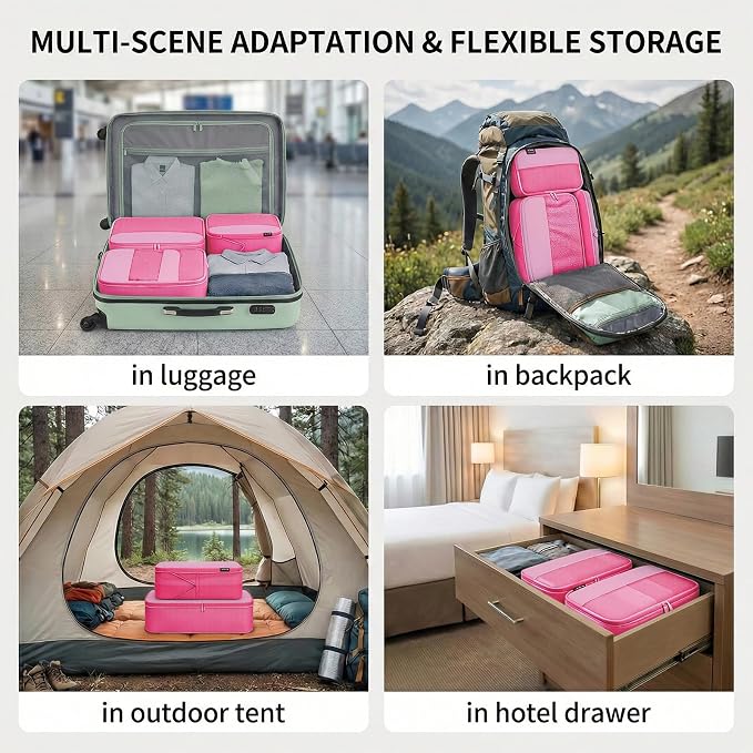 4 Piece Compression Packing Cubes for 3–7 Day Travel, Space Saving Travel Organizers with Breathable Mesh, Double-Zipper Packing Cubes for Carry-On & Suitcases (Pink) - Image 5