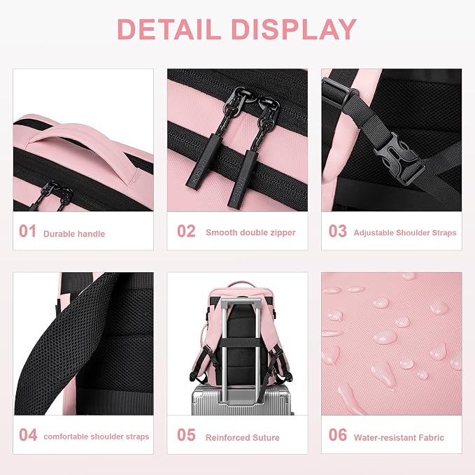 BAGOK Carry On Travel Backpack, Expandable Extra Large Airline Approved,Lightweight Daypack for Men and Women（Pink） - Image 6