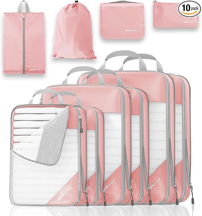 Compression Packing Cubes 10 Set, Compressible Space-Saving Packing Cubes for Travel - Compression Bags, Luggage Organizer, Travel Essentials for Women, Pink by NICOSHOW